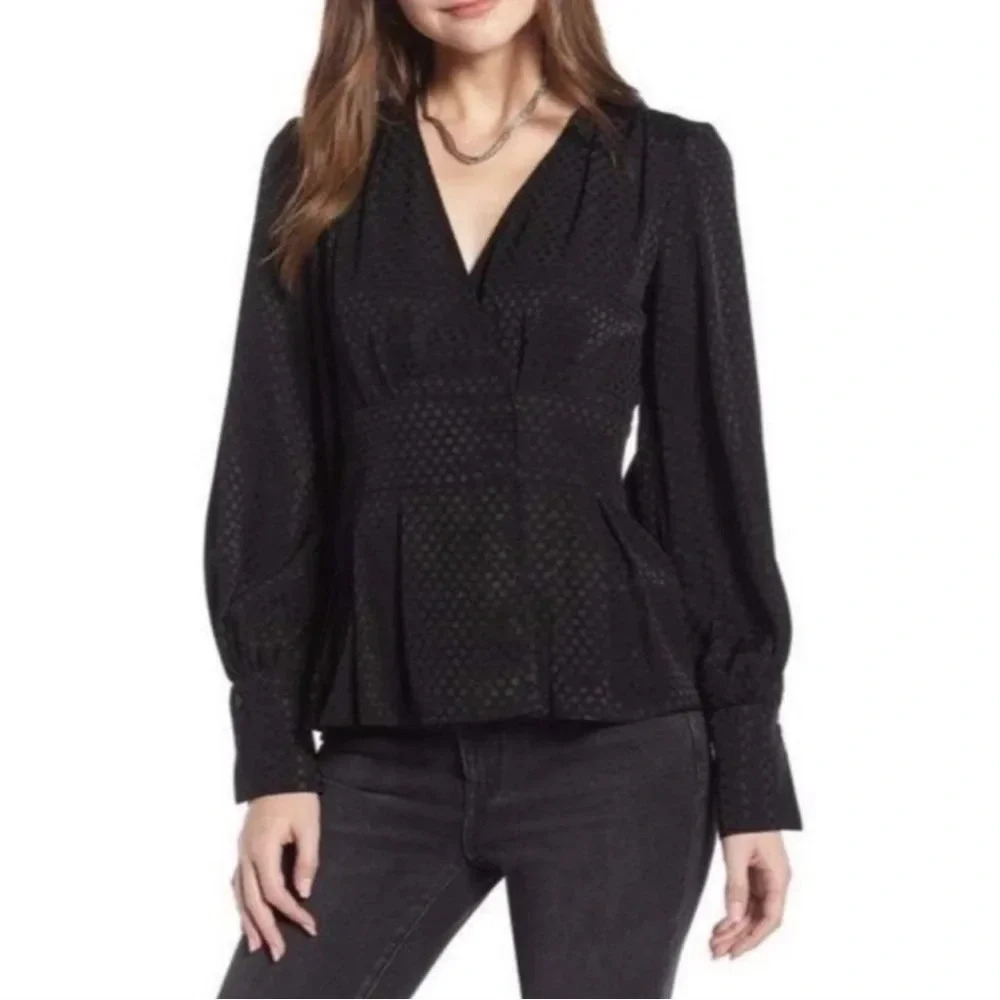 Something Navy Black Jacquard Dot Long Sleeve Blouse Size Medium